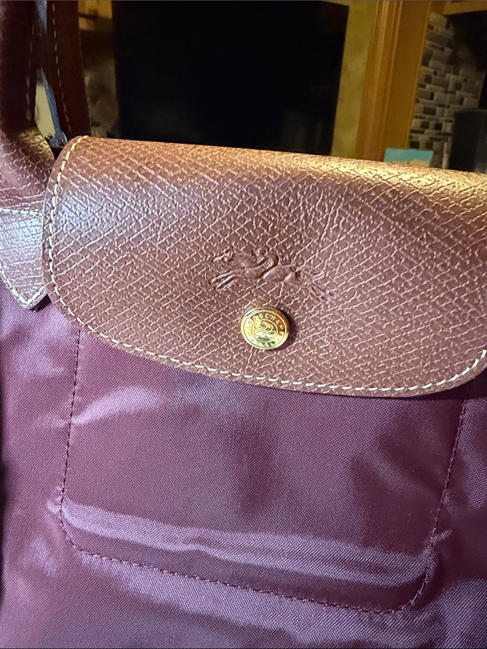 Longchamp Le Pliage Burgundy Tote with Brown Leather Trim - Picture 2 of 5